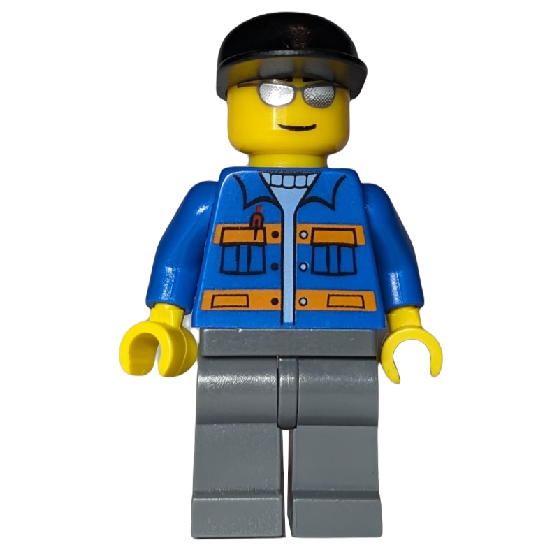 Ouvrier, veste bleue avec rayures orange, jambes gris bleuté foncé, casquette noire, lunettes de soleil argentées (Worker, Blue Jacket with Orange Stripes, Dark Bluish Gray Legs, Black Cap, Silver Sunglasses)