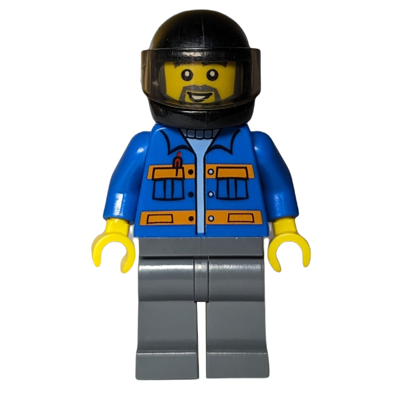 Ouvrier, veste bleue avec rayures orange, jambes gris bleuté foncé, casque noir avec visière, barbe (Worker, Blue Jacket with Orange Stripes, Dark Bluish Gray Legs, Black Helmet with Visor, Beard)