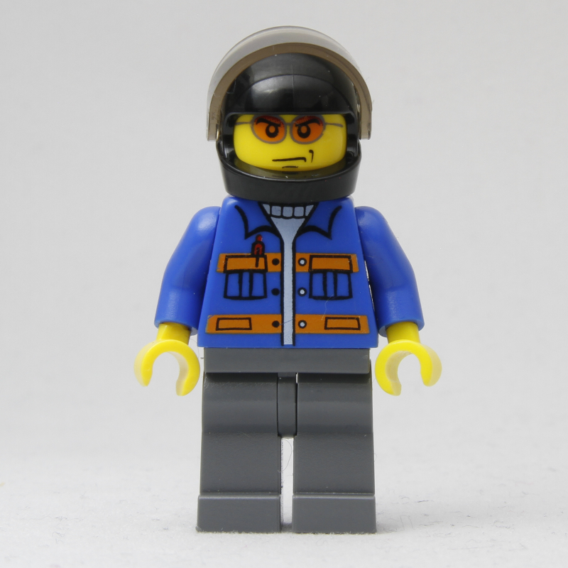 Ouvrier, veste bleue avec rayures orange, jambes gris bleuté foncé, casque noir avec visière, lunettes de soleil orange (Worker, Blue Jacket with Orange Stripes, Dark Bluish Gray Legs, Black Helmet with Visor, Orange Sunglasses)