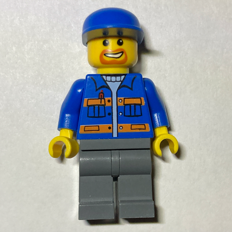 Ouvrier, veste bleue avec rayures orange, jambes gris bleuté foncé, casquette bleue, bouc (Worker, Blue Jacket with Orange Stripes, Dark Bluish Gray Legs, Blue Cap, Goatee Beard)