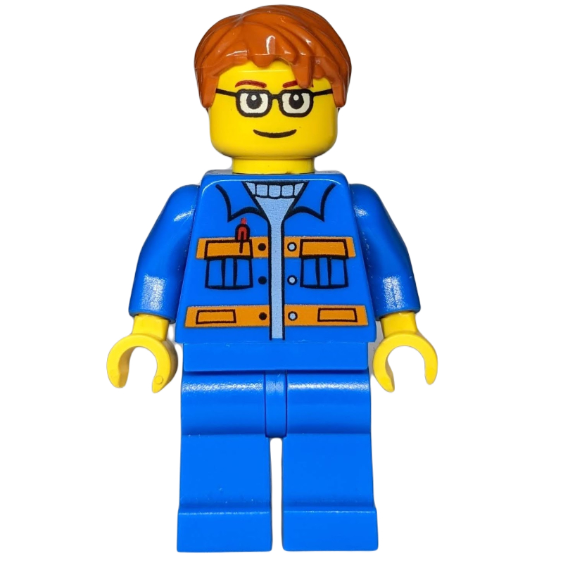 Ouvrier, veste bleue avec rayures orange, jambes bleues, cheveux orange foncé, lunettes (Worker, Blue Jacket with Orange Stripes, Blue Legs, Dark Orange Hair, Glasses)