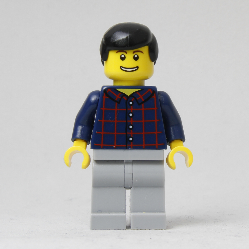 Homme, chemise à carreaux bleu foncé, jambes gris bleuté clair, cheveux noirs (Man, Dark Blue Plaid Shirt, Light Bluish Gray Legs, Black Hair)
