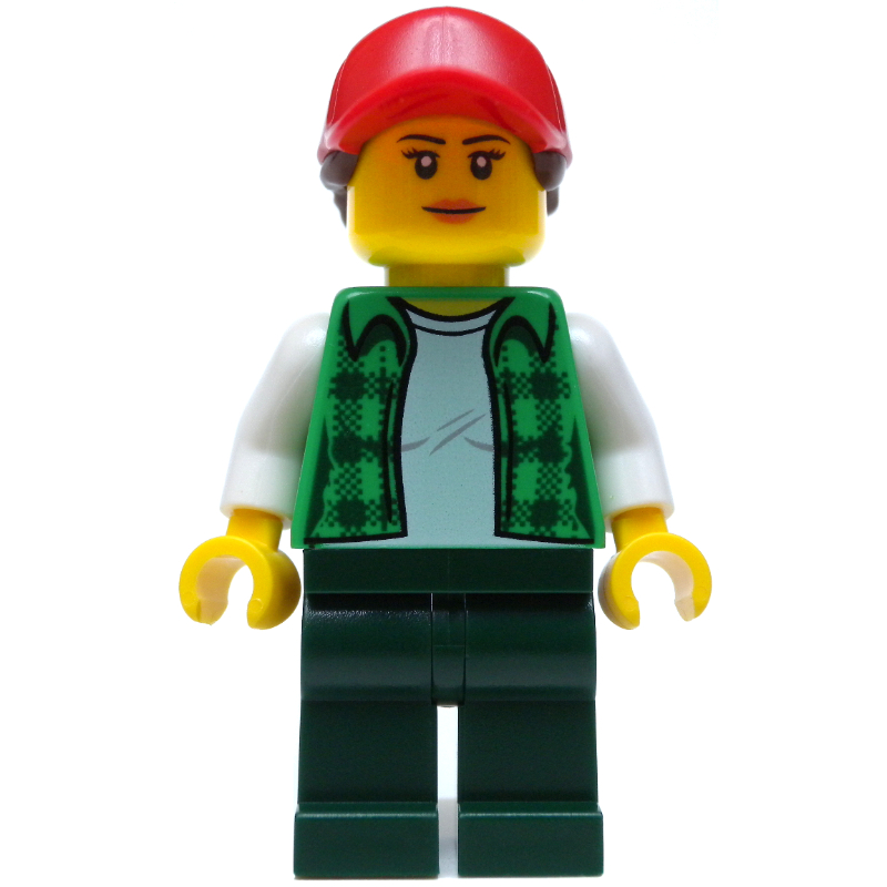 Femme, chemise en flanelle verte ouverte, jambes vert foncé, casquette rouge avec cheveux (Woman, Open Green Flannel Shirt, Dark Green Legs, Red Cap with Hair)