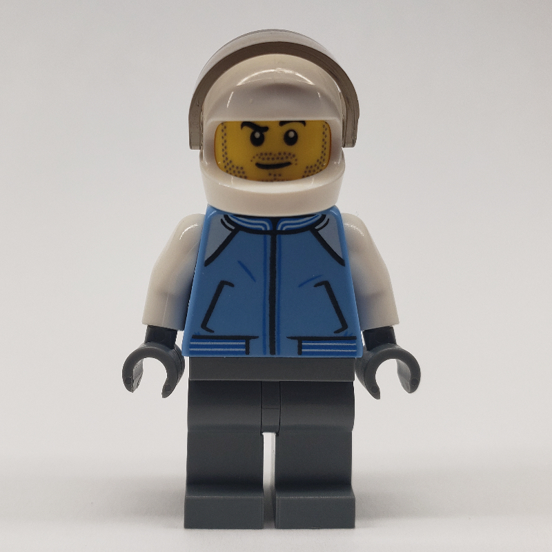 Pilote, veste bleu moyen, jambes gris bleuté foncé, casque blanc avec visière, barbe naissante (Pilot, Medium Blue Jacket, Dark Bluish Gray Legs, White Helmet with Visor, Stubble)