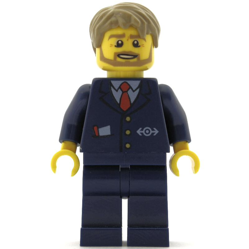 Chauffeur de bus, costume bleu foncé avec logo de train, cheveux beige foncé, barbe (Bus Driver, Dark Blue Suit with Train Logo, Dark Tan Hair, Beard)