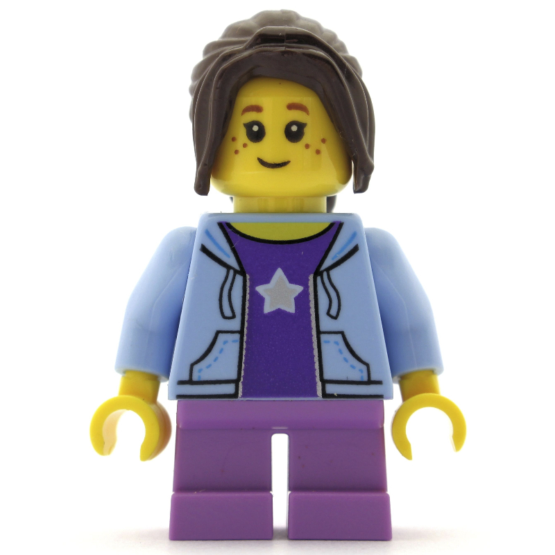 Fille, sweat à capuche bleu clair ouvert sur chemise violet foncé avec étoile, courtes jambes lavande moyen, cheveux brun foncé (Girl, Open Bright Light Blue Hoodie over Dark Purple Shirt with Star, Short Medium Lavender Legs, Dark Brown Hair)