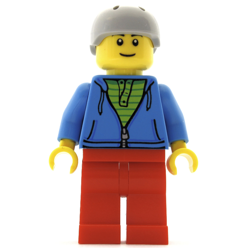 Homme, sweat à capuche ouvert bleu azur sur chemise vert citron, jambes rouges, casque gris bleuté clair (Man, Open Dark Azure Hoodie over Lime Shirt, Red Legs, Light Bluish Gray Helmet)