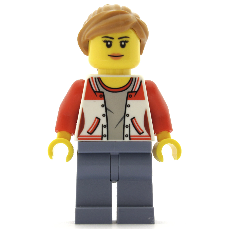 Femme, veste letterman rouge et blanc, jambes bleu sable, cheveux nougat moyen (Woman, Red and White Letterman Jacket, Sand Blue Legs, Medium Nougat Hair)
