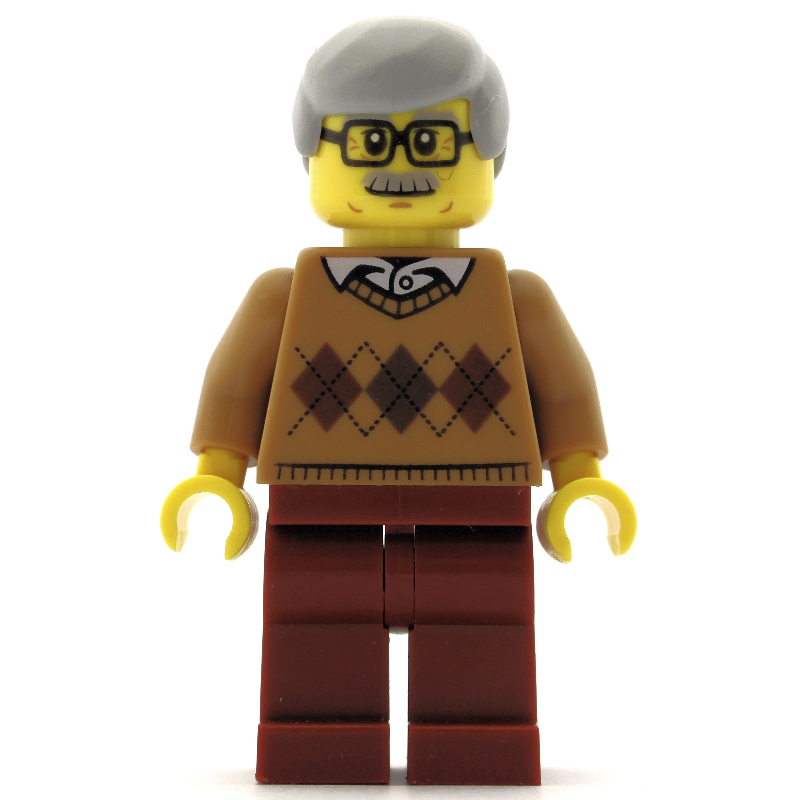 Homme, pull nougat moyen argyle, jambes rouge foncé, moustache et lunettes (Man, Medium Nougat Argyle Sweater, Dark Red Legs, Moustache and Glasses)