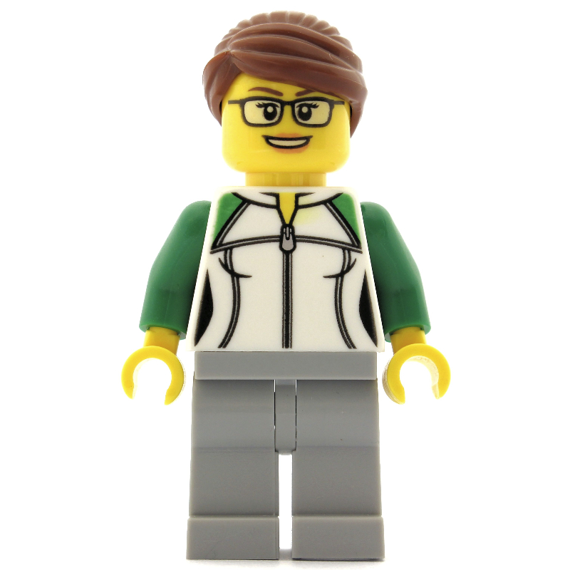 Femme, veste verte et blanche avec fermeture à glissière, jambes gris bleuté clair, cheveux brun rougeâtre, lunettes (Woman, Green and White Jacket with Zipper, Light Bluish Gray Legs, Reddish Brown Hair, Glasses)