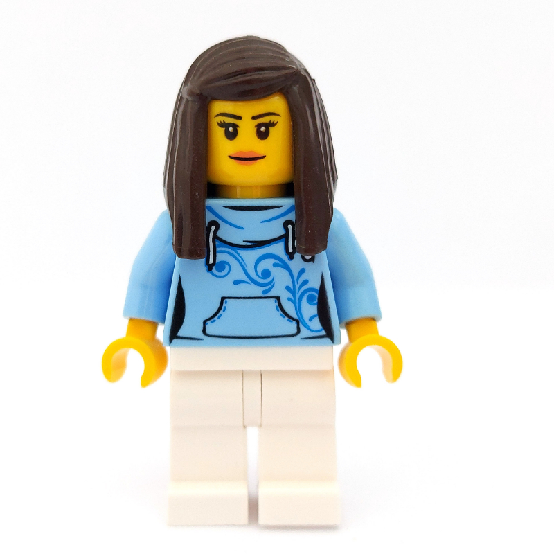 Femme, sweat à capuche bleu clair, jambes blanches, cheveux brun foncé (Woman, Bright Light Blue Hoodie, White Legs, Dark Brown Hair)