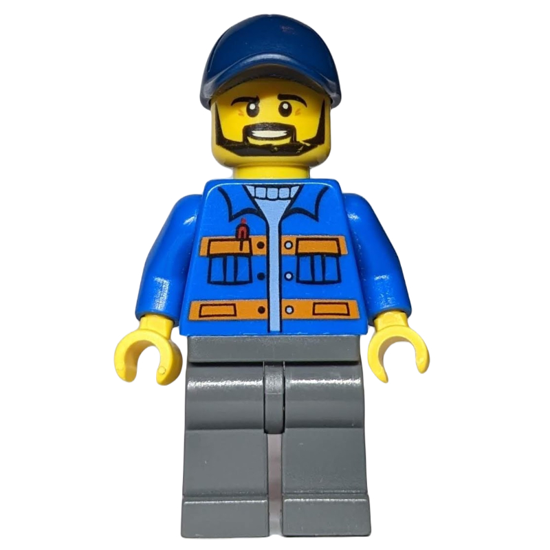 Ouvrier, veste bleue avec rayures orange, jambes gris bleuté foncé, casquette bleu foncé (Worker, Blue Jacket with Orange Stripes, Dark Bluish Gray Legs, Dark Blue Cap)