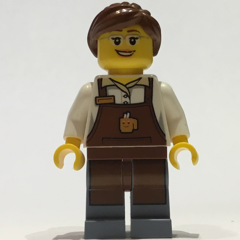 Barista, femme, torse blanc, tablier brun rougeâtre, cheveux brun rougeâtre, lunettes (Barista, Woman, White Torso, Reddish Brown Apron, Reddish Brown Hair, Glasses)