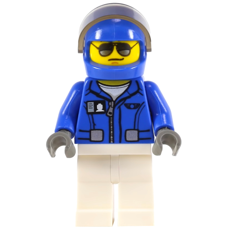 Pilote, veste bleue, jambes blanches, casque bleu avec visière, lunettes de soleil (Pilot, Blue Jacket, White Legs, Blue Helmet with Visor, Sunglasses)