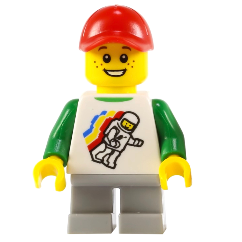 Garçon, flottant homme de l'espace classique sur la chemise, courte jambes gris bleuté clair, casquette rouge (Boy, Floating Classic Spaceman on Shirt, Short Light Bluish Gray Legs, Red Cap)
