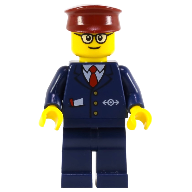 Conducteur de train, costume bleu foncé avec logo cravate et train, chapeau rouge foncé, lunettes (tête 3626c) (Train Conductor, Dark Blue Suit with Tie and Train Logo, Dark Red Hat, Glasses (3626c head))