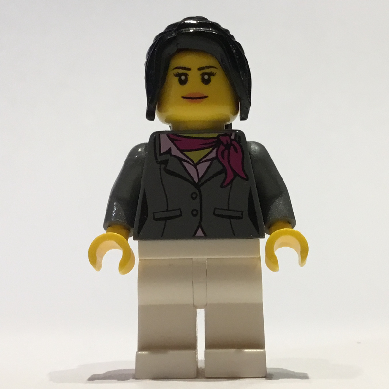 Femme, veste gris bleuté foncé avec écharpe magenta, jambes blanches, cheveux queue de cheval noir (Woman, Dark Bluish Gray Jacket with Magenta Scarf, White Legs, Black Ponytail Hair)