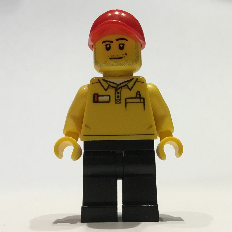 Employé du magasin LEGO, logo LEGO au dos, casquette rouge, barbe naissante (LEGO Store Employee, LEGO Logo on Back, Red Cap, Stubble)