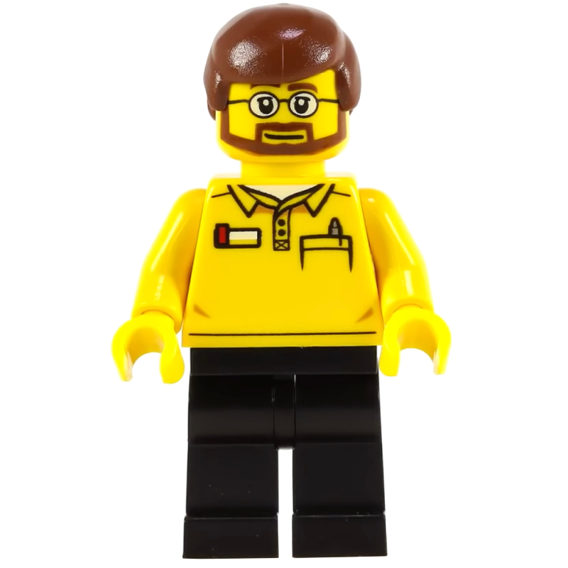Employé du magasin LEGO, logo LEGO au dos, cheveux brun rougeâtre, barbe et lunettes (LEGO Store Employee, LEGO Logo on Back, Reddish Brown Hair, Beard and Glasses)