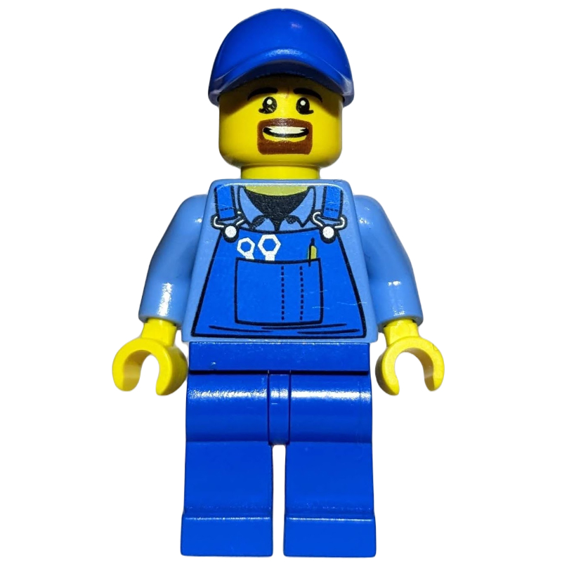 Homme, salopette bleue sur chemise, jambes bleues, casquette bleue, bouc (Man, Blue Overalls over Shirt, Blue Legs, Blue Cap, Goatee Beard)