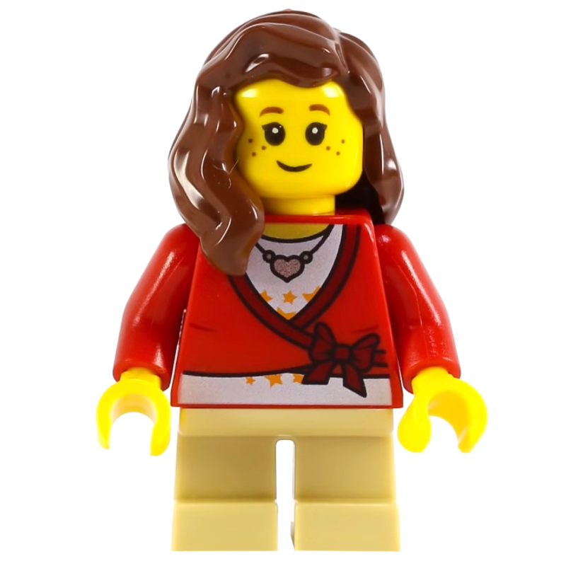 Fille, cardigan noué avec arc et collier, jambes beige, cheveux brun rougeâtre (Girl, Cardigan Tied with Bow and Necklace, Tan Legs, Reddish Brown Hair)