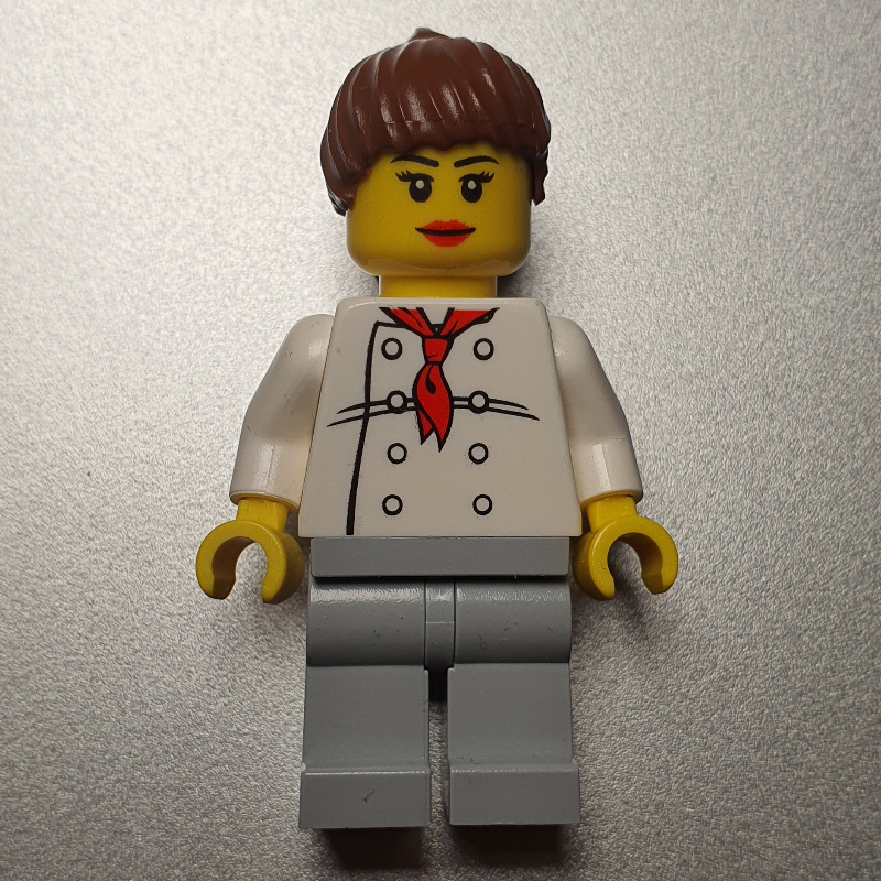 Cuisinière, foulard rouge, jambes gris bleuté clair, cheveux queue de cheval brun rougeâtre, 3626bpr0892 tête (Chef, Woman, Red Neckerchief, Light Bluish Gray Legs, Reddish Brown Ponytail Hair, 3626bpr0892 Head)