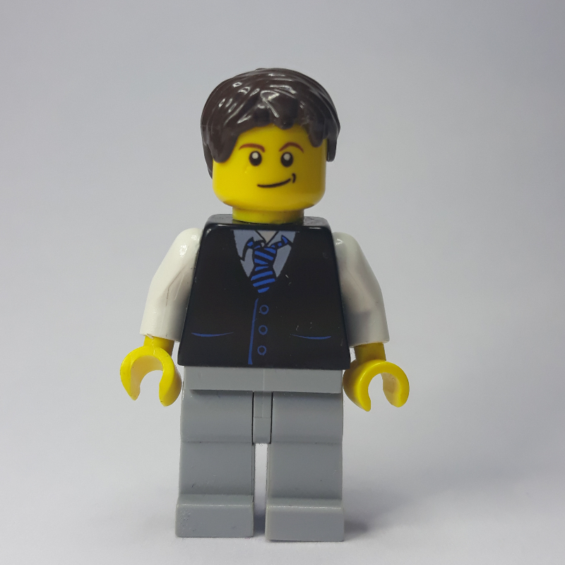 Homme, gilet noir et cravate, jambes gris bleuté clair, cheveux brun foncé (Man, Black Vest and Tie, Light Bluish Gray Legs, Dark Brown Hair)