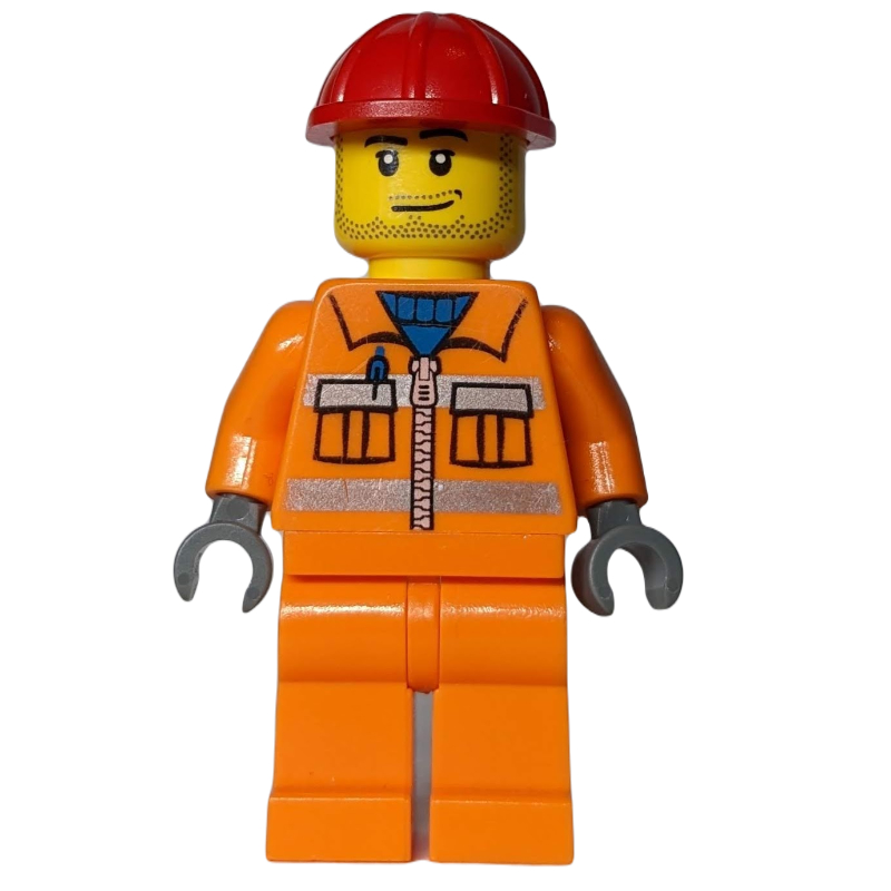 Ouvrier de chantier, veste orange avec fermeture à glissière et rayures réfléchissantes, jambes orange, casque de chantier rouge, barbe naissante (Construction Worker, Orange Jacket with Zipper and Reflective Stripes, Orange Legs, Red Hard Hat, Stubble)