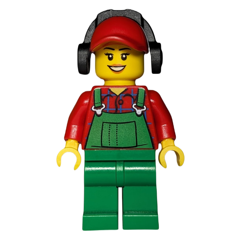 Femme, salopette verte sur chemise rouge payée, casquette rouge avec protections auditives (Woman, Green Overalls over Red Paid Shirt, Red Cap with Ear Defenders)