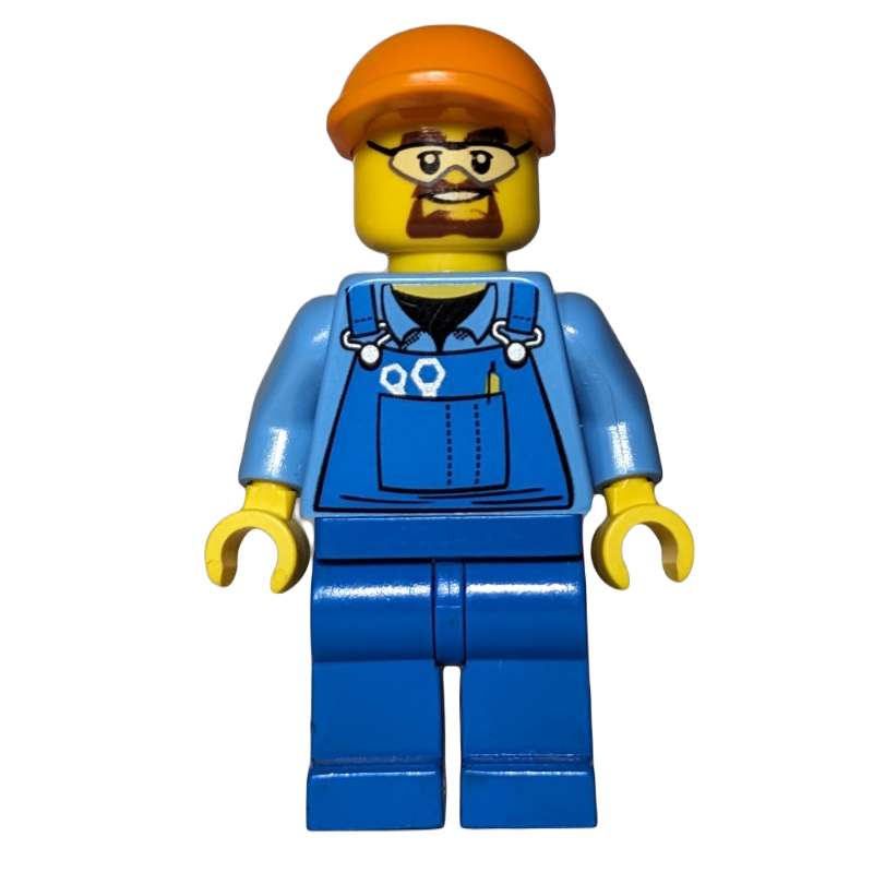 Homme, salopette bleue sur chemise, jambes bleues, casquette orange, lunettes de sécurité et bouc (Man, Blue Overalls over Shirt, Blue Legs, Orange Cap, Safety Glasses and Goatee Beard)