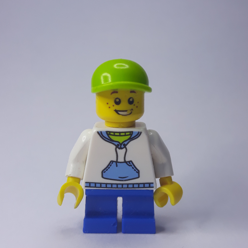 Garçon, sweat à capuche blanc et bleu, courtes jambes bleues, casquette de vert citron (3626c tête) (Boy, White and Blue Hoodie, Short Blue Legs, Lime Cap (3626c Head))