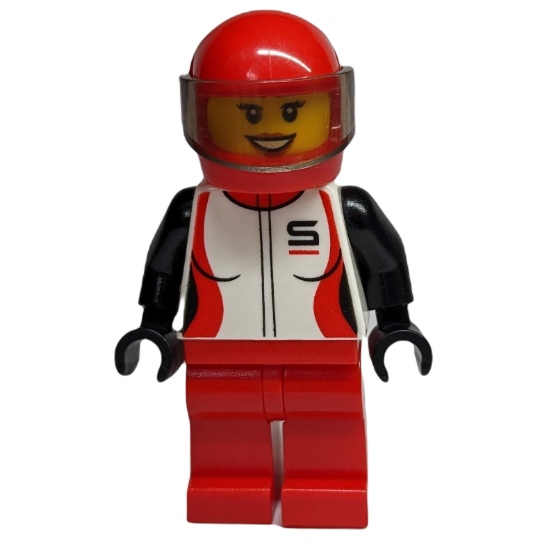 Coureur, femme, veste noire, rouge et blanche, jambes rouges, casque rouge avec visière (Racer, Woman, Black, Red, and White Jacket, Red Legs, Red Helmet with Visor)