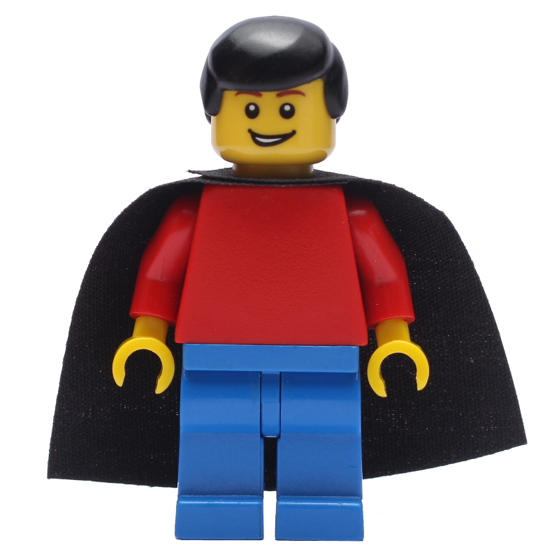 Torse rouge, jambes bleues, cheveux noirs, cape noire (Red Torso, Blue Legs, Black Hair, Black Cape)