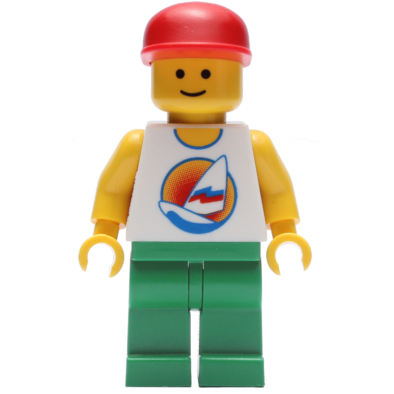 Torse blanc avec planche de surf, jambes vertes, casquette rouge (tête 3626c) (White Torso with Surfboard, Green Legs, Red Cap (3626c Head))