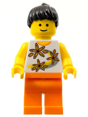 Torse blanc avec des fleurs, jambes orange, cheveux noirs (3626c tête) (White Torso with Flowers, Orange Legs, Black Hair (3626c Head))