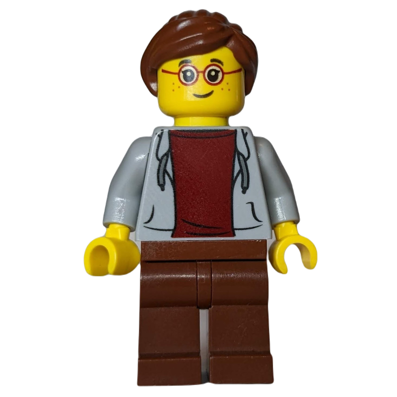 Torse gris bleuté clair, jambes brun rougeâtre, cheveux brun rougeâtre (Light Bluish Grey Torso, Reddish Brown Legs, Reddish Brown Hair)