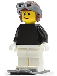 Torse noir, jambes blanches, casquette aviateur brun rougeâtre, skis, femme (Black Torso, White Legs, Reddish Brown Aviator Cap, Skis, Female)