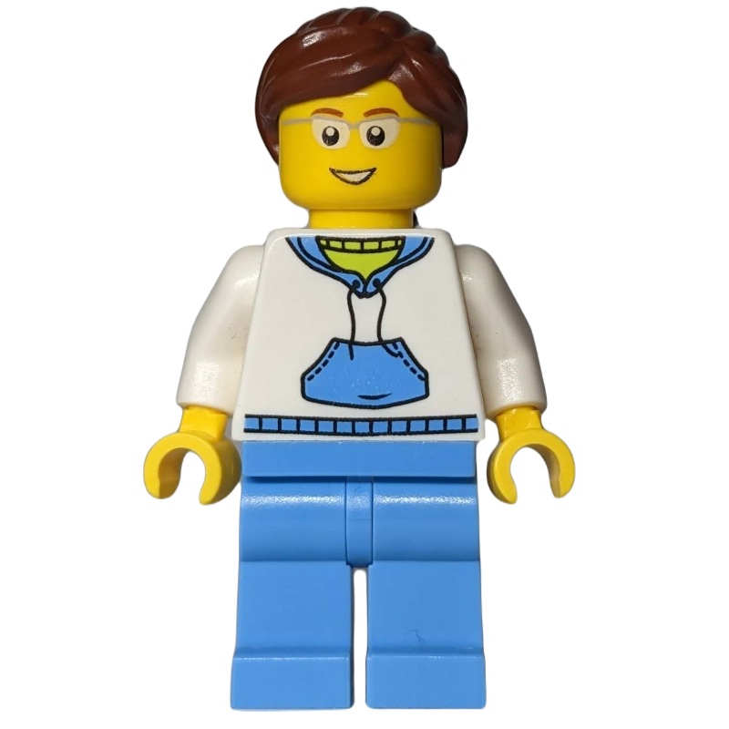 Torse blanc, jambes bleu moyen, cheveux brun rougeâtre (White Torso, Medium Blue Legs, Reddish Brown Hair)