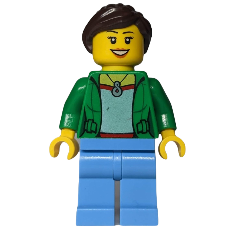 Femme, veste verte ouverte avec collier, cheveux brun foncé (Woman, Open Green Jacket with Necklace, Dark Brown Hair)