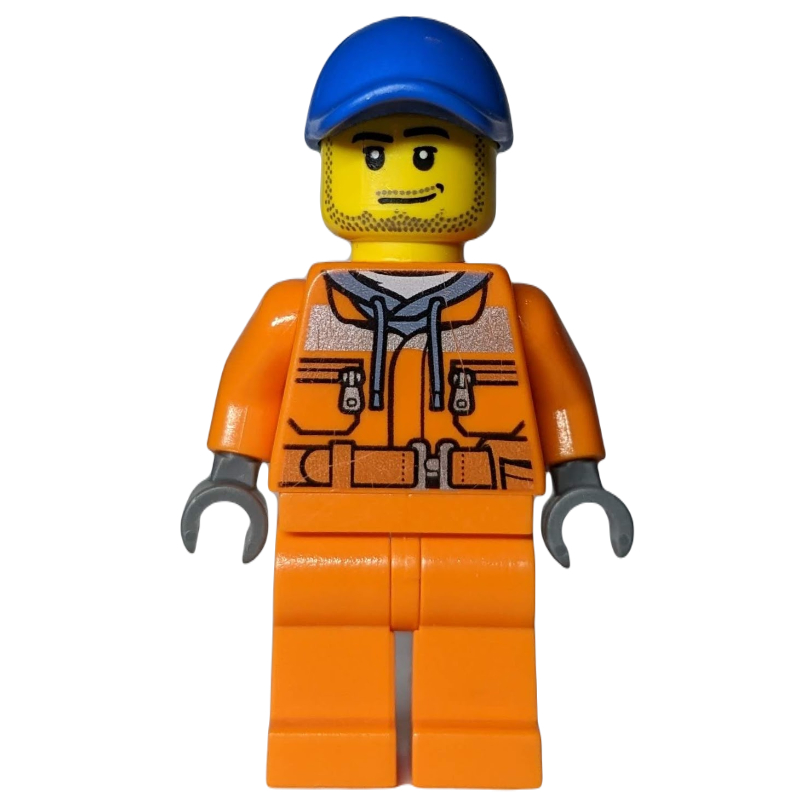 Ouvrier de chantier, veste de sécurité sur sweat à capuche avec ceinture, jambes orange, casquette bleue, barbe naissante (Construction Worker, Safety Jacket over Hoodie with Belt, Orange Legs, Blue Cap, Stubble)