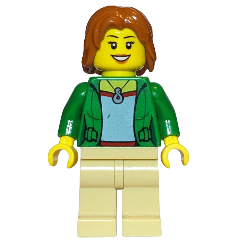 Femme, veste verte ouverte avec collier, cheveux orange foncé (Woman, Open Green Jacket with Necklace, Dark Orange Hair)