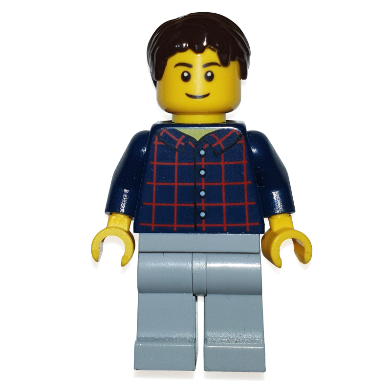 Homme, chemise à carreaux bleu foncé, jambes gris bleuté clair, cheveux brun foncé (Man, Dark Blue Plaid Shirt, Light Bluish Gray Legs, Dark Brown Hair)