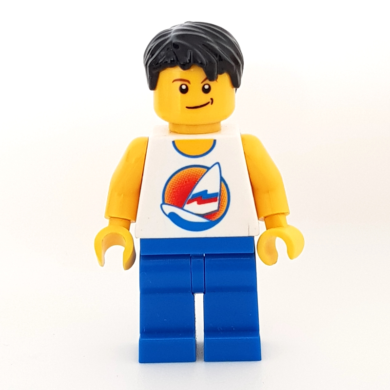 Homme, débardeur blanc avec planche à voile, jambes bleues, cheveux noirs (Man, White Tank Top with Windsurfer, Blue Legs, Black Hair)