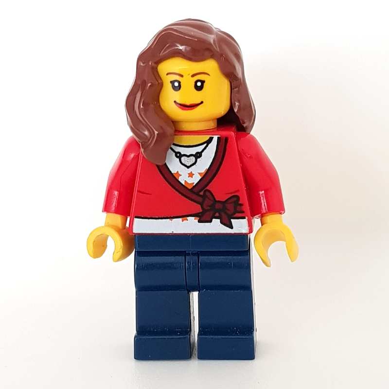 Femme, cardigan noué avec noeud et collier, jambes bleu foncé, cheveux brun rougeâtre (Woman, Cardigan Tied with Bow and Necklace, Dark Blue Legs, Reddish Brown Hair)