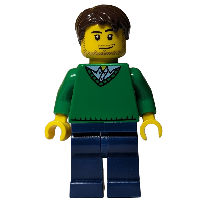 Homme, chandail vert à col en V, jambes bleu foncé, cheveux brun foncé, barbe naissante (Man, Green V-Neck Sweater, Dark Blue Legs, Dark Brown Hair, Stubble)