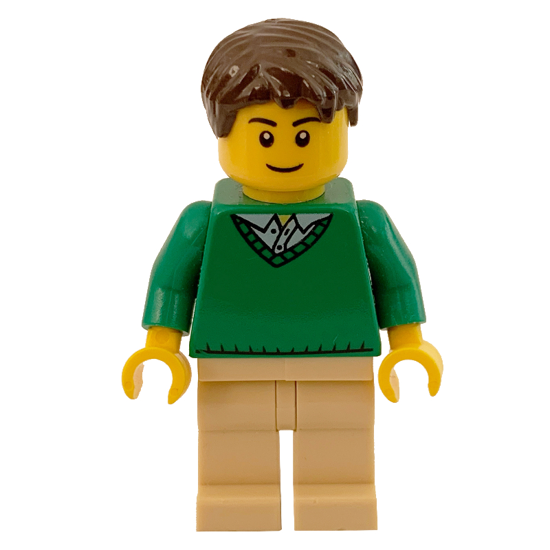 Homme, chandail vert à col en V, jambes beige, cheveux brun foncé (Man, Green V-Neck Sweater, Tan Legs, Dark Brown Hair)