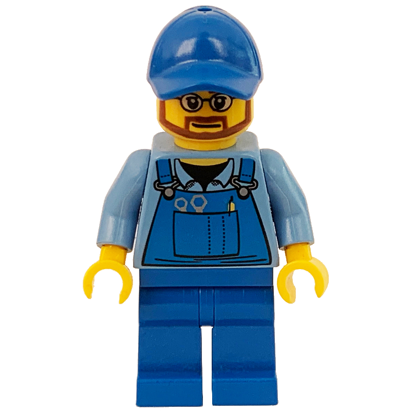 Homme, salopette bleue sur chemise, jambes bleues, casquette bleue, barbe et lunettes (Man, Blue Overalls over Shirt, Blue Legs, Blue Cap, Beard and Glasses)
