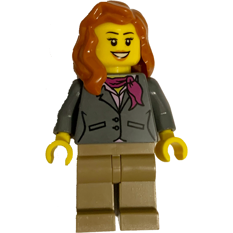 Femme, veste gris foncé bleuté avec écharpe magenta, jambes beige foncé, cheveux orange foncé (Woman, Dark Bluish Gray Jacket with Magenta Scarf, Dark Tan Legs, Dark Orange Hair)