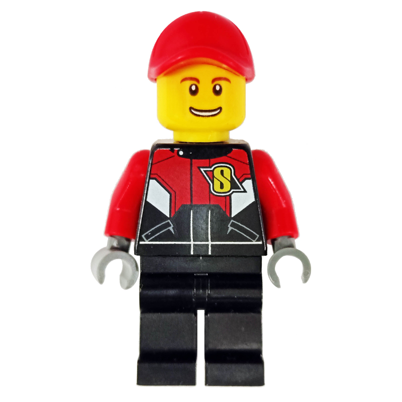 Pilote de course, combinaison noire et rouge, casquette rouge (Racer, Black and Red Jumpsuit, Red Cap)