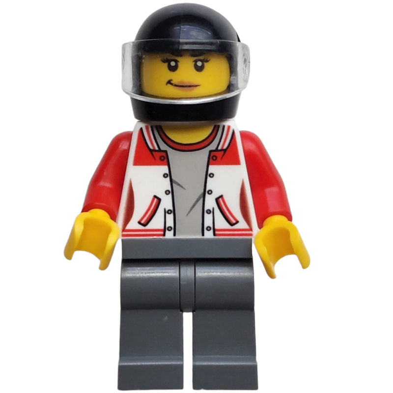 Femme, veste letterman rouge et blanc, jambes gris bleuté foncé, casque noir avec visière (Woman, Red and White Letterman Jacket, Dark Bluish Gray Legs, Black Helmet with Visor)